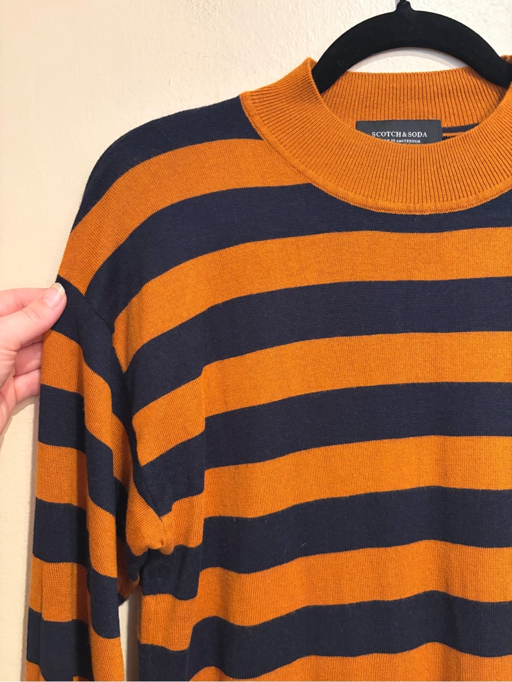 Scotch & Soda Rust & Navy Striped Crewneck Sweater, Lightweight, Viscose Blend - Picture 2 of 9